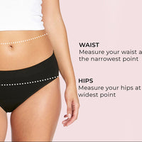 Person wearing black underwear with measurement instructions on a pink background