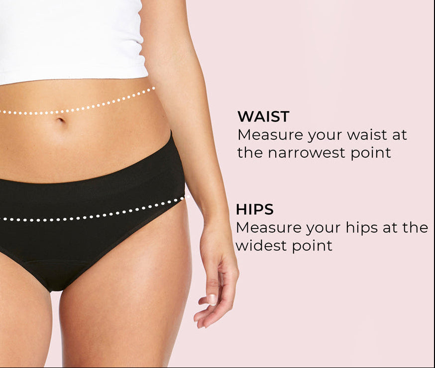 Person wearing black underwear with measurement instructions on a pink background